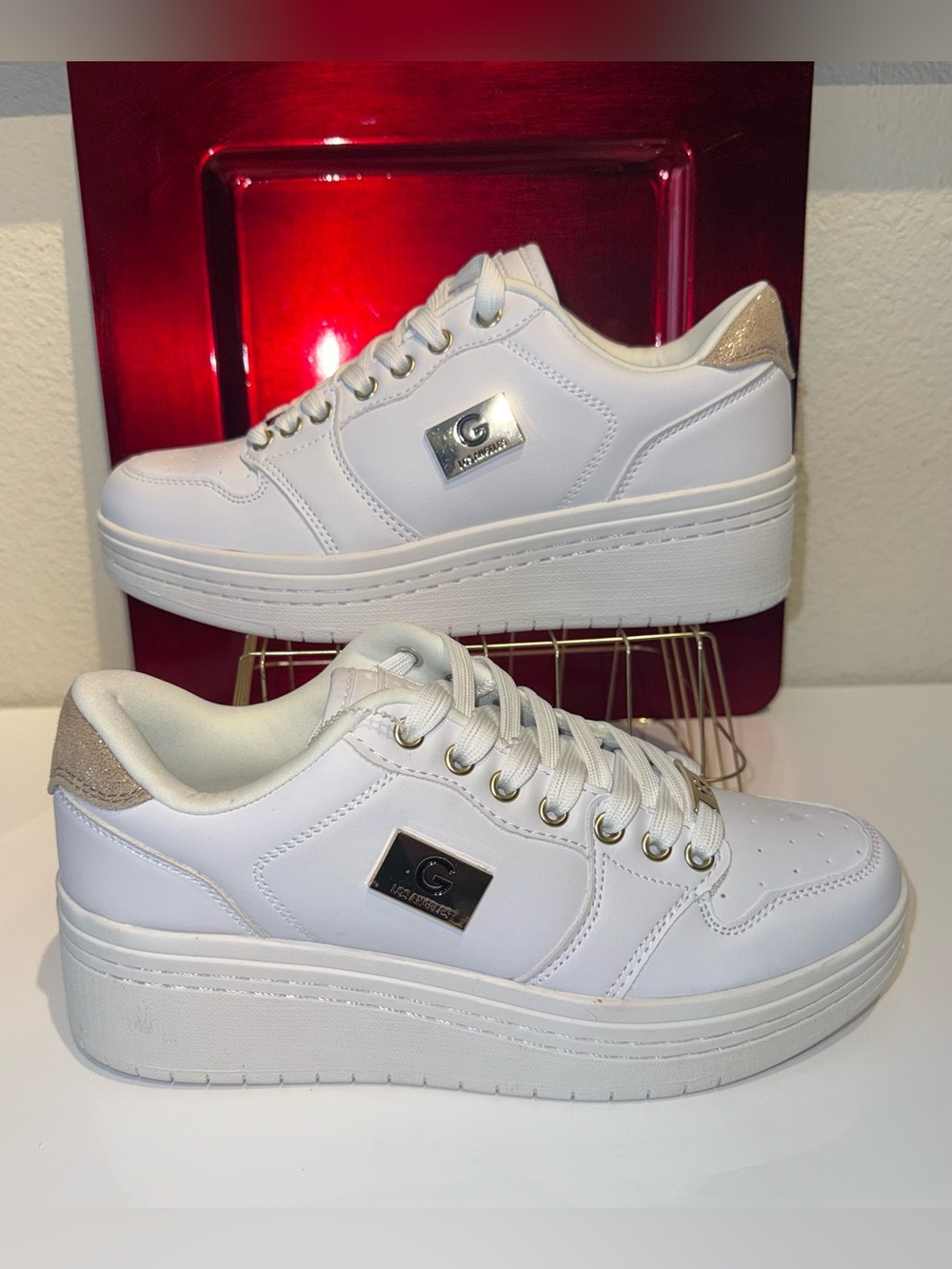 G by Guess White Platform Sneakers with Gold Accents BRAND NEW